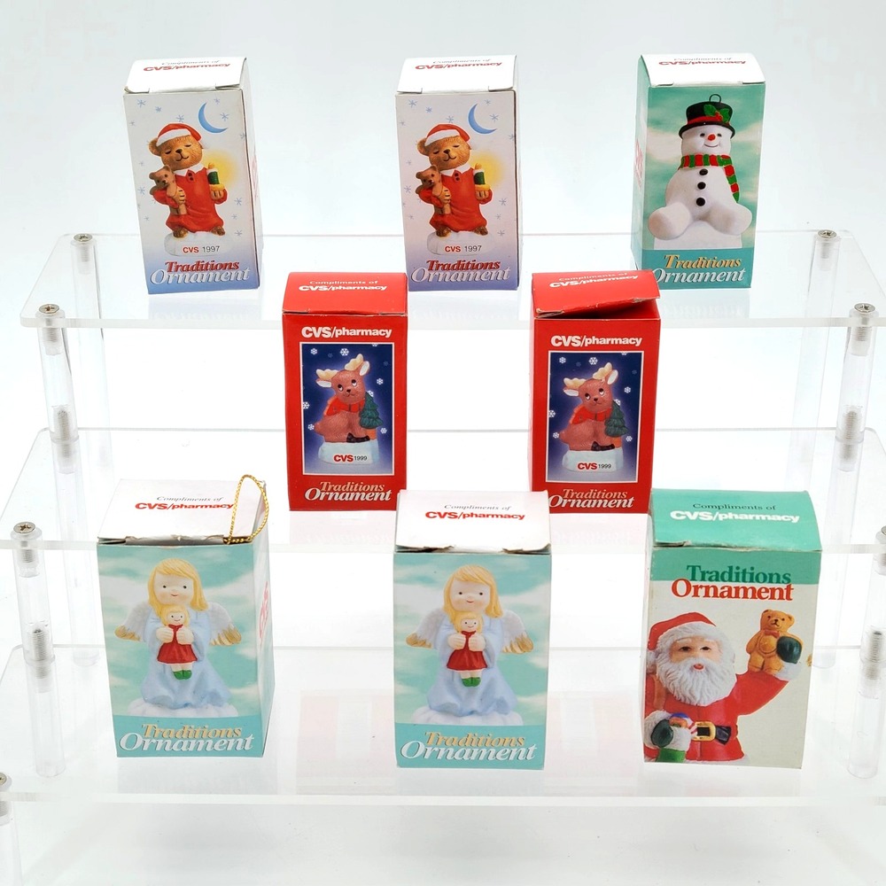 Lot of 9 Vintage CVS Traditions Christmas Ornaments 1995 -1999 Santa Angel Bear